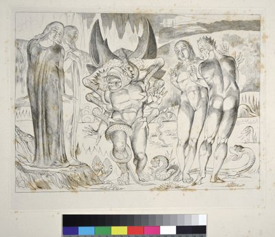 El Círculo de los Ladrones: Agnolo Brunelleschi atacado por una serpiente de seis patas. Infierno, Canto XXV, ilustración de la 
