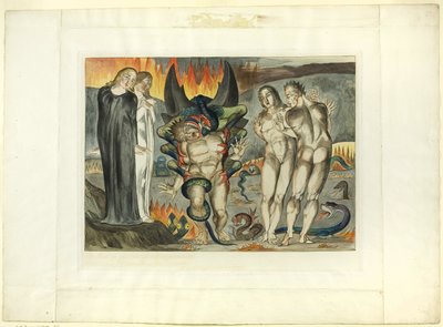 El círculo de los ladrones; Agnolo Brunelleschi atacado por una serpiente de seis pies. Infierno, canto XXV de William Blake