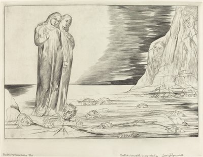 El círculo de los traidores, el pie de Dante golpeando a Bocca degli Abbate de William Blake