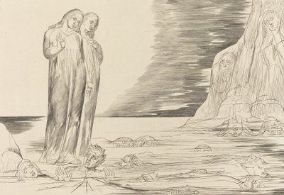 El círculo de los traidores, el pie de Dante golpeando a Bocca degli Abbate de William Blake