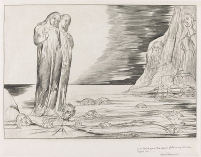 El círculo de los traidores, el pie de Dante golpeando a Bocca degli Abbate de William Blake
