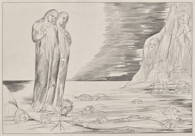 El círculo de los traidores: El pie de Dante golpeando a Bocca degli Abbate, del Infierno de Dante, Canto XXXII Ilustración de La Divina Comedia de Dante de William Blake