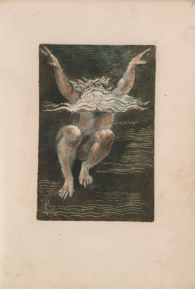El Primer Libro de Urizen, pl.7 (Un hombre desnudo con una barba blanca flotante que parece estar ascendiendo en aguas profundas) de William Blake