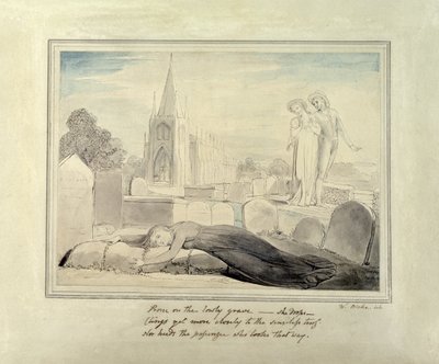 La viuda abrazando la tumba de su esposo de William Blake