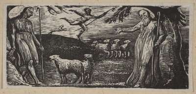 Thenot reprende a Colinet, Lightfoot en el fondo, de Pastorales de Thornton o..., 1821 de William Blake
