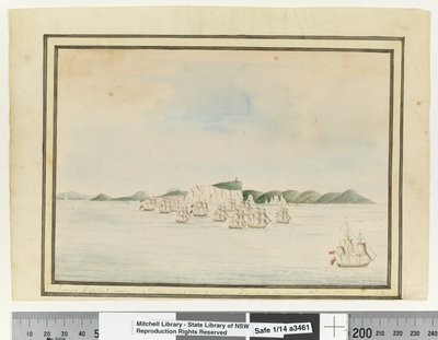 Sirius, Supply y Convoy: Needle Point ENE 3 millas. Hyaena en compañía. 13 de mayo de 1787 (detalle) de William Bradley