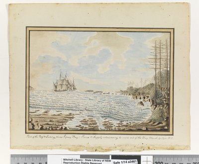 Frente a p. 194. `Parte del arrecife y lugares de desembarco en la Bahía de Sídney; Sirius y Supply intentando salir de la bahía. 19 de marzo de 1790