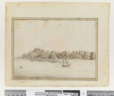 Frente a p. 19. `Santa Cruz en el lado sureste de Tenerife; Sirius y Convoy en los Caminos. Junio 1787. El Pico Mostrando en una Brecha entre dos otras Montañas