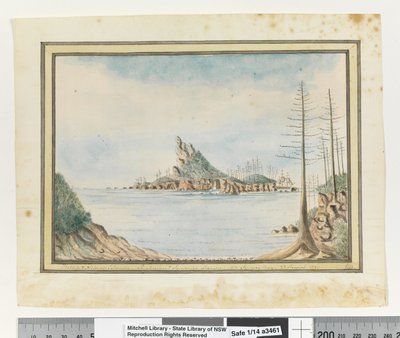 Frente a p. 211. `Islas Phillip y Nepean. Justinian y Surprise entrando en la Bahía de Sídney. 23 de agosto de 1790