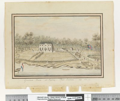 Casa del Gobernador en Sídney, Port Jackson 1791 (detalle) de William Bradley