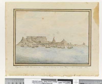 Frente a p. 46. `Ciudad del Cabo, Montaña de la Mesa y c.; Sirius y Convoy en la Bahía de la Mesa, noviembre de 1787