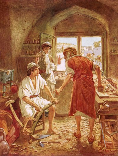 Cristo trabajando con José como carpintero de William Brassey Hole
