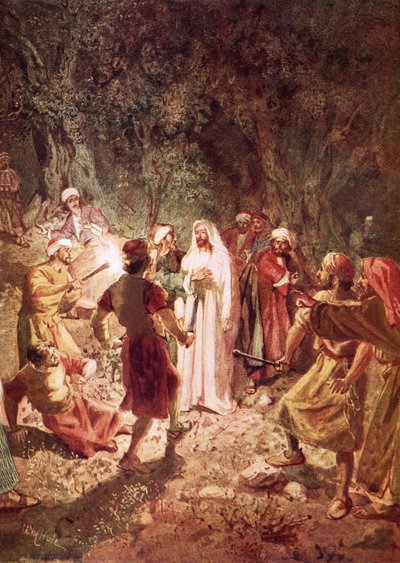 Judas traicionando a Jesús con un beso, en el jardín de Getsemaní de William Brassey Hole