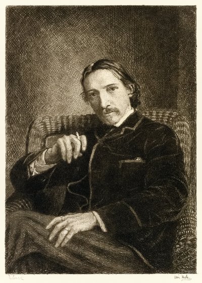 Robert Louis Stevenson (1850-1894) autor británico mejor conocido por sus libros más vendidos La isla del tesoro, Secuestrado y El extraño caso del Dr. Jekyll y Mr. Hyde. Ilustración de William Brassey Hole de William Brassey Hole