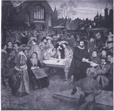 Firma del Pacto Nacional en el cementerio de Greyfriars 1638, de Cassells Historia del Pueblo Británico publicada por la Waverley Book Company Limited, c.1940 de William Brassey Hole
