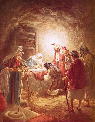 Los pastores encuentran al niño Jesús acostado en un pesebre de William Brassey Hole