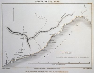 Mapa de los pasos de los Alpes Marítimos, carretera costera entre Génova y Niza, de Illustrations of the passes of the Alps by which Italy communicates with France, Switzerland and Germany, de William Brockedon (1787-1854), grabado sobre cobre, Londres. de William Brockedon