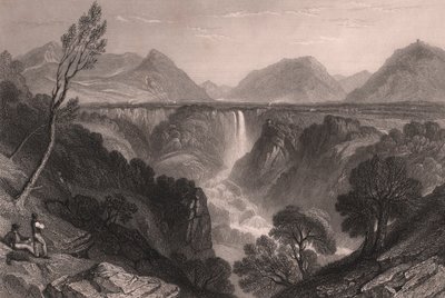 Vista de la Cascada de las Marmore (Cascata delle Marmore) cerca de Terni, Umbría, Italia, grabado en acero de James Tibbitts Willmore (1800-1863) sobre dibujo de William Brockedon (1787-1854), 23x18,5 cm aproximadamente. de William Brockedon