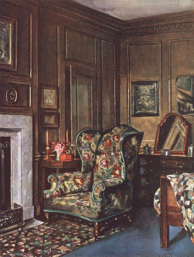 Decoración interior: Un dormitorio con paredes marrones animadas por colores vivos (litografía en color) de William Bruce Ellis Ranken