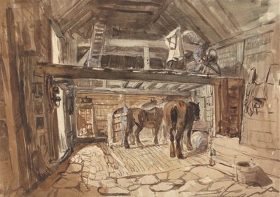 Interior de un establo, con caballos de tiro alimentándose de William Burgess