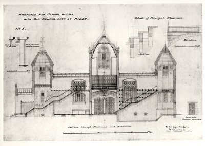 Detalles de Entradas, Escaleras, Puerta de la Cámara de la Caldera y Barandillas, (New Big School), Rugby School, 1844 (tinta negra, lápiz y acuarela) de William Butterfield