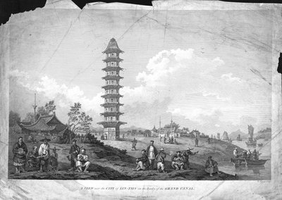 Vista cerca de la ciudad de Lin-Tsin en las orillas del Gran Canal, 1796 de William Byrne