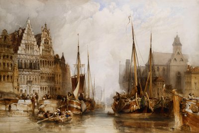 Casas de los Franc Bateliers y la iglesia de San Nicolás en el canal de Gante, 1845 de William Callow