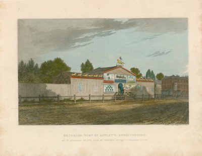 Vista exterior del Anfiteatro de Astley, como apareció en 1777 de William Capon