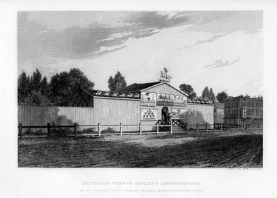 Vista exterior del Anfiteatro de Astley en Londres como apareció en 1777 de William Capon