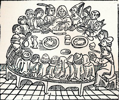Los peregrinos de Canterbury sentados para una comida compartida, 1485 de William Caxton