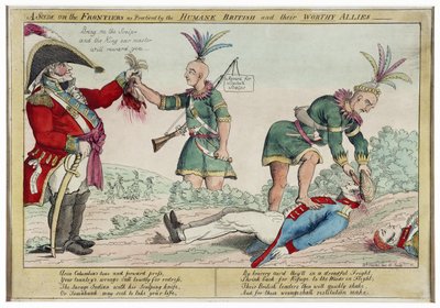 Una escena en las fronteras practicada por los británicos humanos y sus dignos aliados, pub. 1812 de William Charles