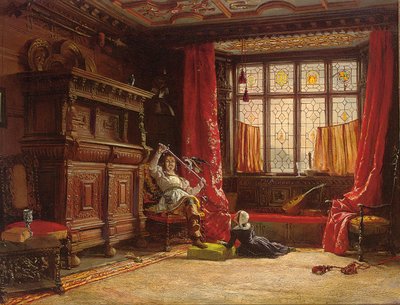 Un caballero en un interior oscuro, un pájaro en su espada, 1843 de William Collingwood