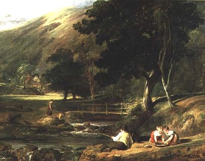 Borrowdale, Cumberland, con niños jugando junto a un arroyo de William Collins