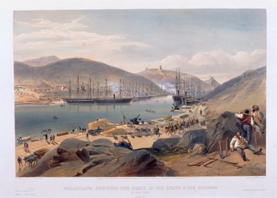 Balaklava mostrando el estado de los muelles y los barcos en mayo de 1855 de William Crimea Simpson