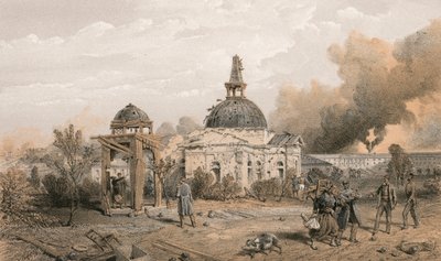 Iglesia en la parte trasera del Redan, mirando al norte, mostrando los efectos de los disparos y proyectiles de William Crimea Simpson