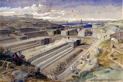 Muelles en Sebastopol con ruinas del Fuerte San Pablo, 1855 de William Crimea Simpson