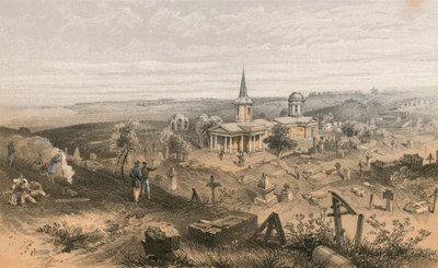 Cementerio de cuarentena e iglesia con batería francesa No 50 de William Crimea Simpson