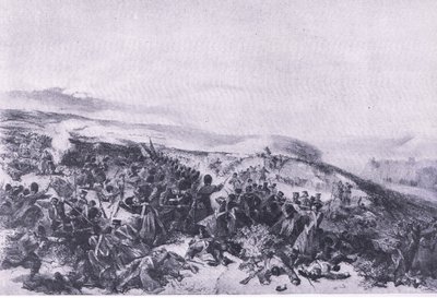 Segunda carga de los Guardias, cuando retomaron las dos baterías de cañones en la batalla de Inkerman, ilustración de British Battles on Land and Sea, 1915 de William Crimea Simpson