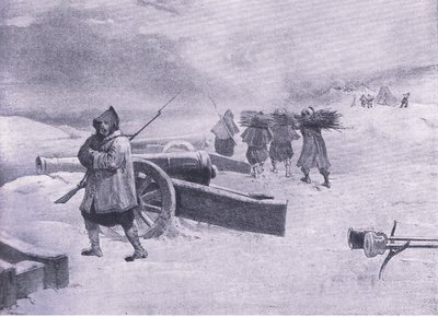 Centinela de los Zuavos ante Sebastopol, ilustración de British Battles on Land and Sea, 1915 de William Crimea Simpson