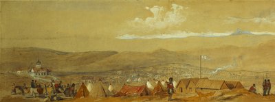 La Crimea: Vista panorámica de Sebastopol mostrando los campamentos militares y el puerto; y una vista panorámica de Inkerman mostrando un campamento militar y caballería al amanecer de William Crimea Simpson