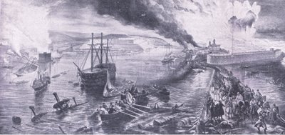 La caída de Sebastopol y la retirada de los rusos, 8 de septiembre de 1855, ilustración de British Battles on Land and Sea, 1915 de William Crimea Simpson