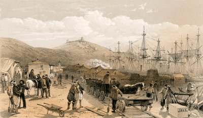 El ferrocarril en Balaklava, mirando hacia el sur de William Crimea Simpson