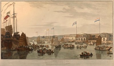 Puestos comerciales europeos (Compañías de las Indias Orientales) en Cantón, China. Dibujado y grabado por William Daniell (1769-1837) 1805 de William Daniell