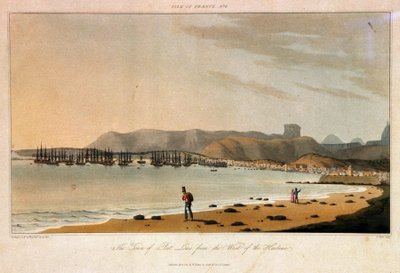 Isla de Francia (Mauricio), vista de la ciudad de Port Louis, desde el oeste del puerto. Aguafuerte en colores de William Daniell