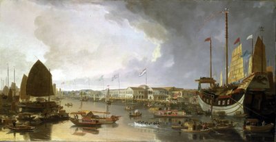 Panorama de las fábricas europeas en Cantón (China), con descripciones de la navegación por el río Guangdong (o río de las Perlas) y gran variedad de embarcaciones. de William Daniell
