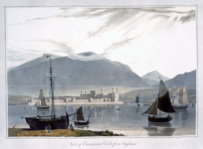Vista del castillo de Caernarvon desde Anglesea, Gales, 1814 de William Daniell