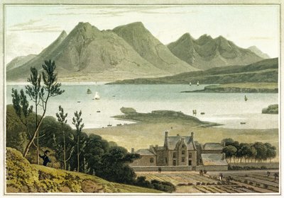 Vista occidental desde la isla de Raasay (Escocia), con descripción de un gran edificio y sus jardines adyacentes. Aguafuerte en colores de William Daniell (1769-1837) de William Daniell