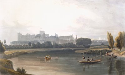 Castillo de Windsor desde el Río Támesis: una vista oeste, y pesca desde botes, c. 1827-30 de William Daniell