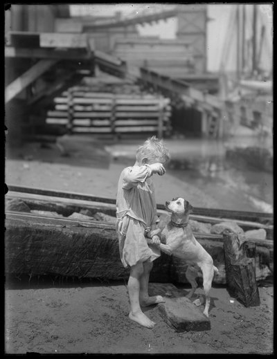 Niño descalzo, posiblemente William Gray Hassler, juega con un perro en la orilla de un río o lago, Nueva York, c.1910 de William Davis Hassler