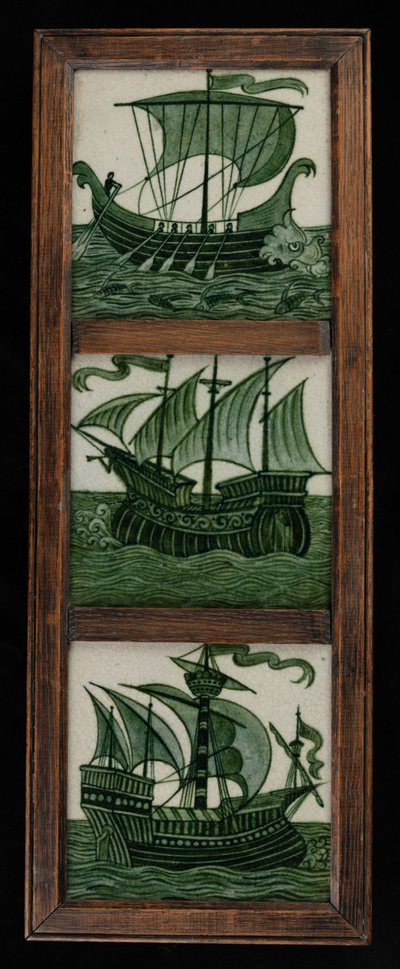 Panel de azulejos de barcos a toda vela, en marco, c.1865-80 (cerámica) de William de Morgan